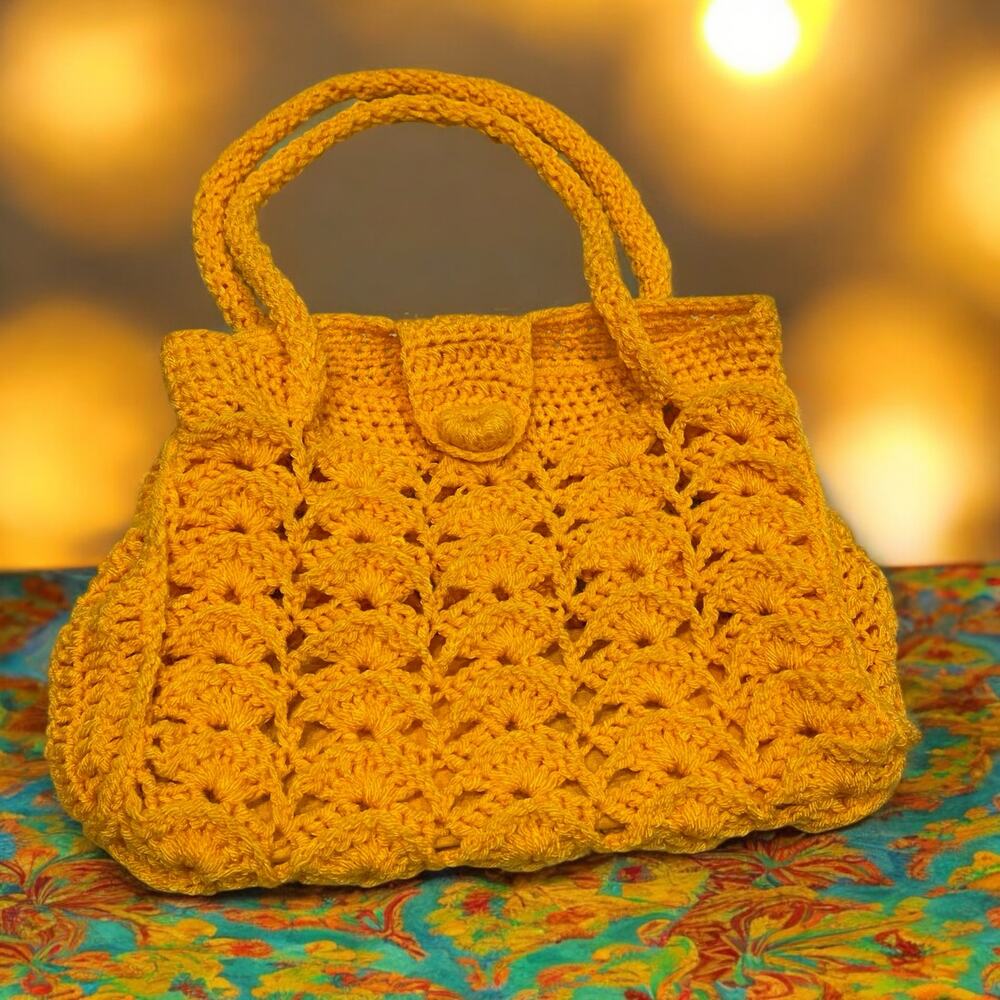 Unlined Crochet Handbag Shell Stitch Fan Stitch Yellow Festival Grandmillennial